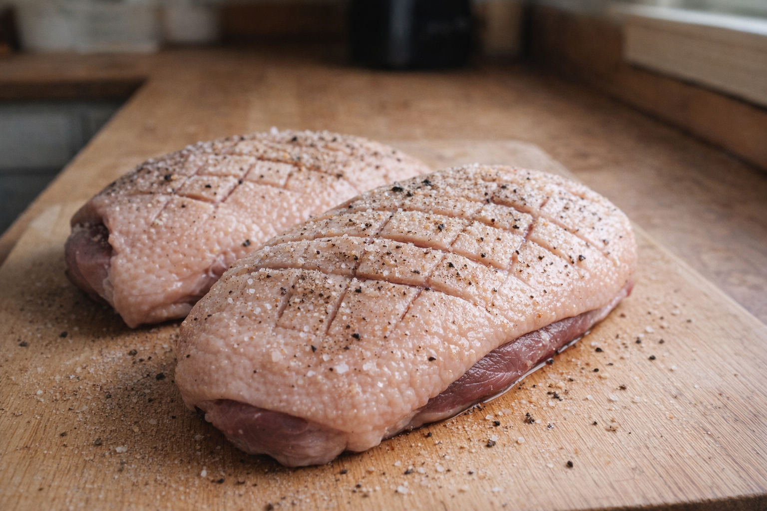 Close-up shot of raw duck breast with scored skin, seasoned with salt and pepper, lying on a wooden cutting board, natural light
